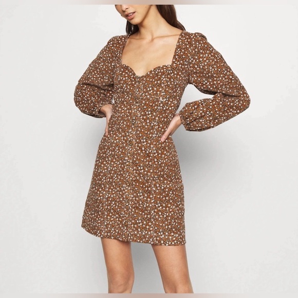 Free People Dresses & Skirts - Free People Call Me Cord Mini Dress Floral Puff Sleeve Corduroy Bohemian Boho